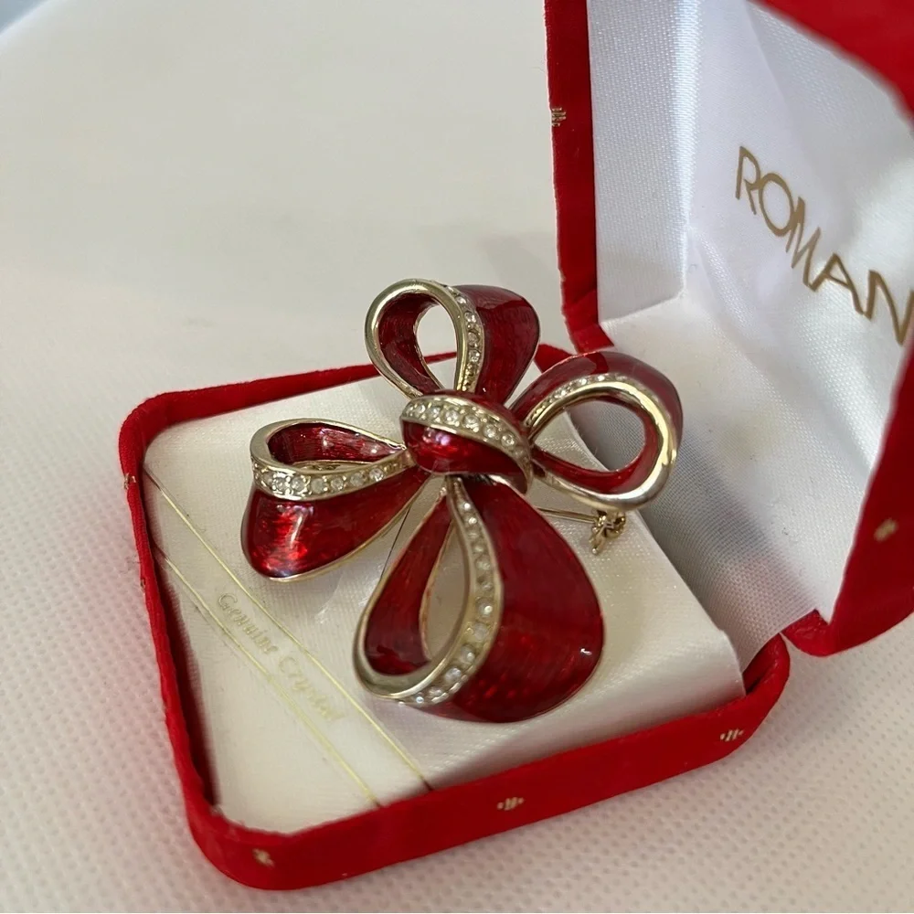 Vintage Roman Red Gold Crystal Bow Brooch Christmas